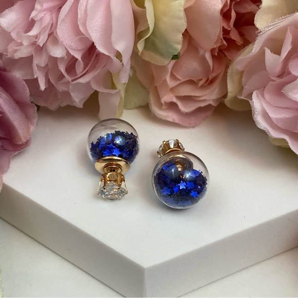 Double Stud Blue Star Confetti Crystal Earrings - Picture 7 of 16